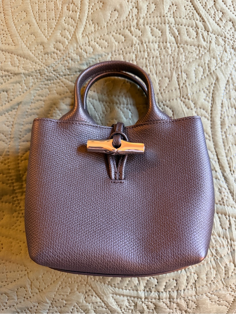 Longchamp Mini Top-Handle Bag in Dark Brown with Gold Toggle